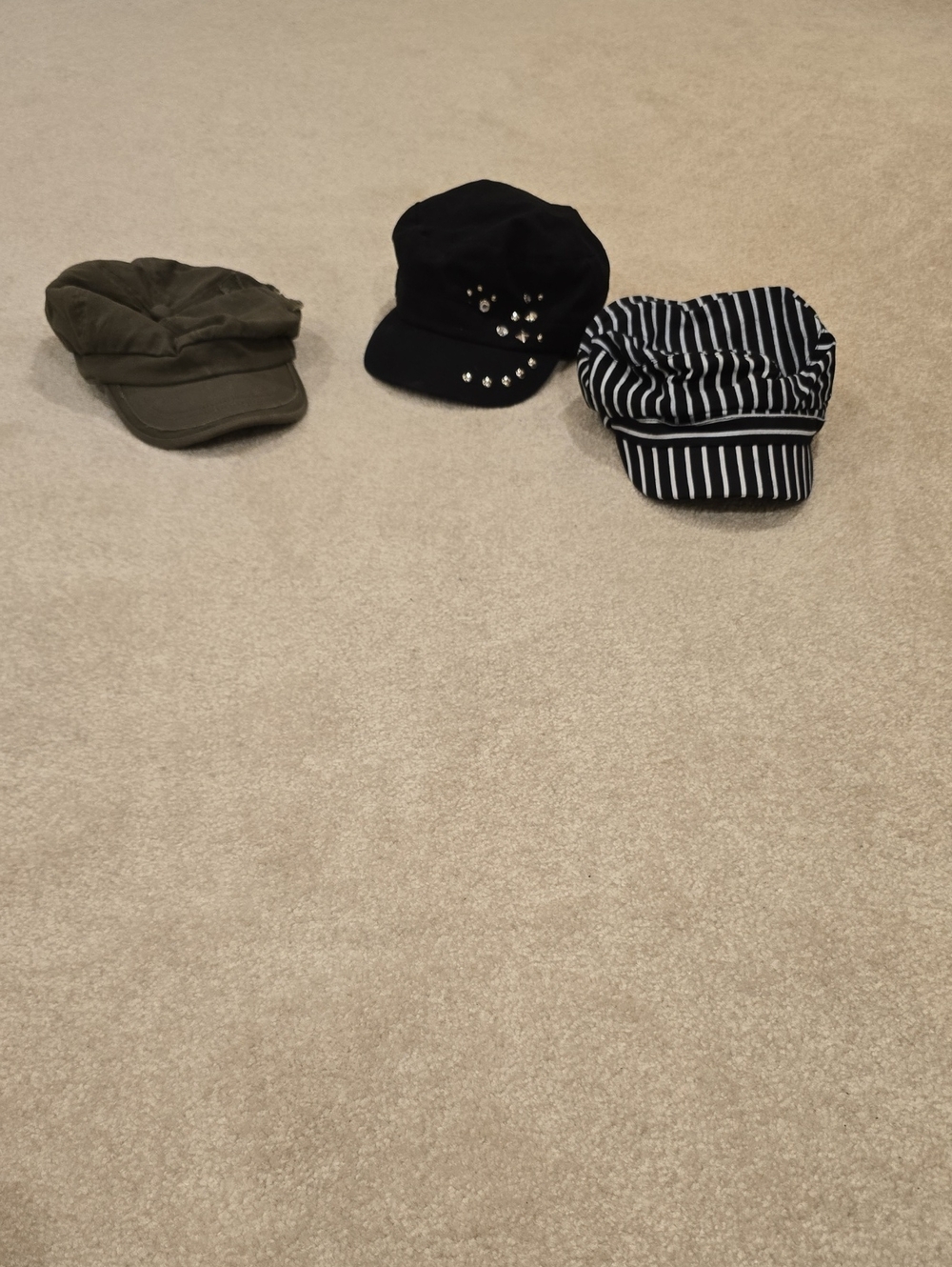 Set of 3 Women's Newsboy Caps - Olive, Black Studded, Black/White Striped